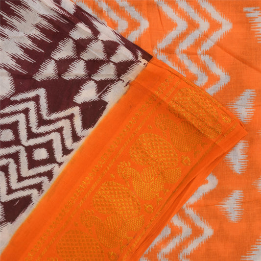 Sanskriti Vintage Sarees Brown & Orange Pure Cotton Ikat Print Sari 5+yd Sustainable Fabric