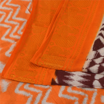 Sanskriti Vintage Sarees Brown & Orange Pure Cotton Ikat Print Sari 5+yd Sustainable Fabric