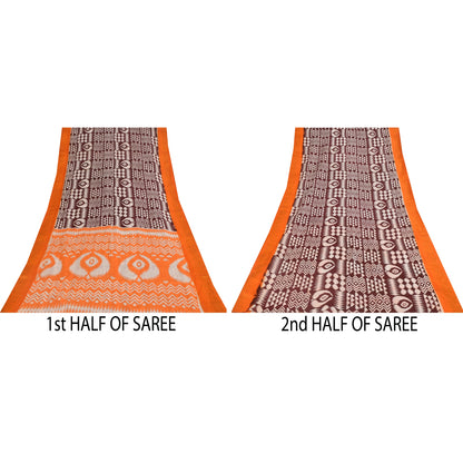 Sanskriti Vintage Sarees Brown & Orange Pure Cotton Ikat Print Sari 5+yd Sustainable Fabric