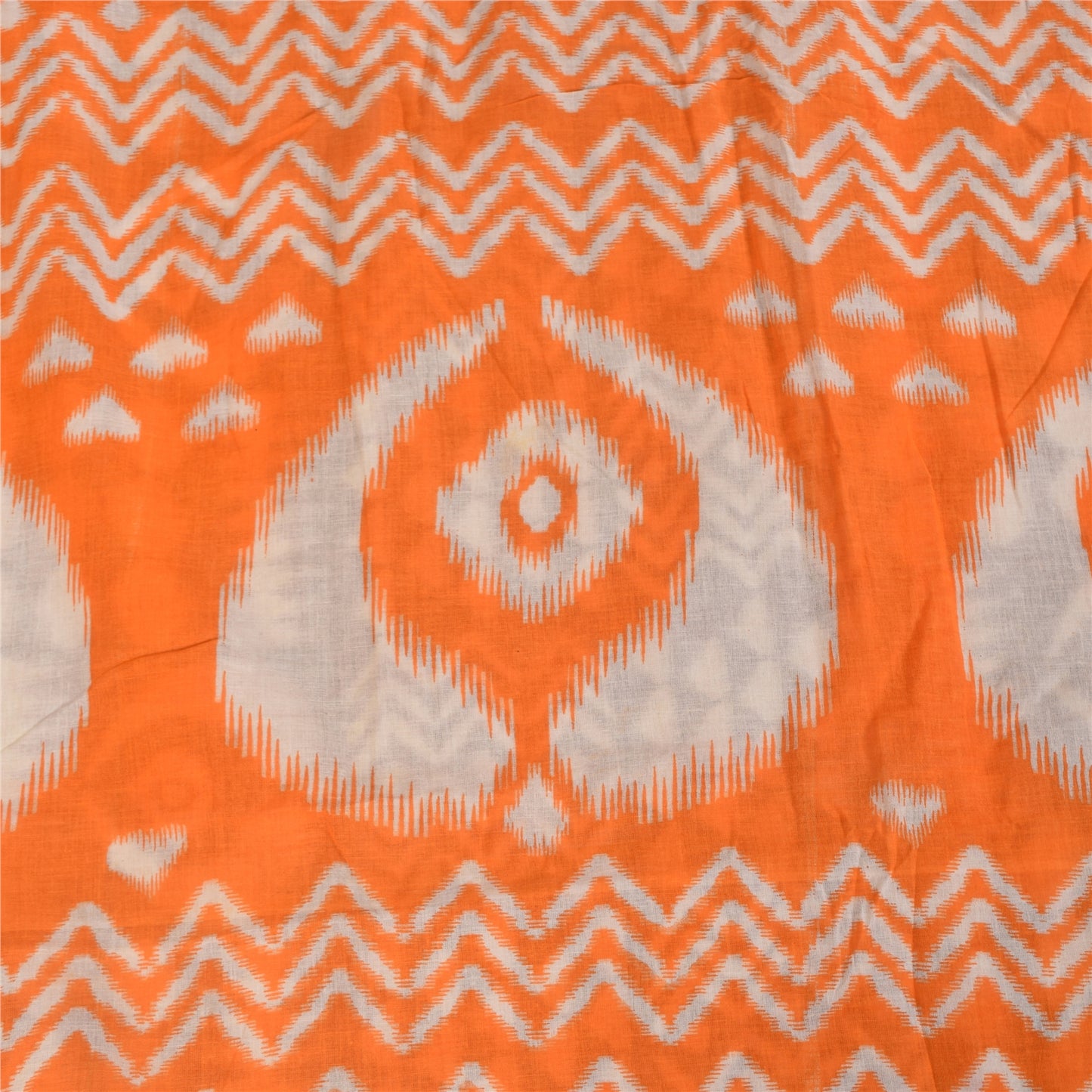 Sanskriti Vintage Sarees Brown & Orange Pure Cotton Ikat Print Sari 5+yd Sustainable Fabric