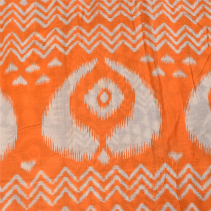 Sanskriti Vintage Sarees Brown & Orange Pure Cotton Ikat Print Sari 5+yd Sustainable Fabric