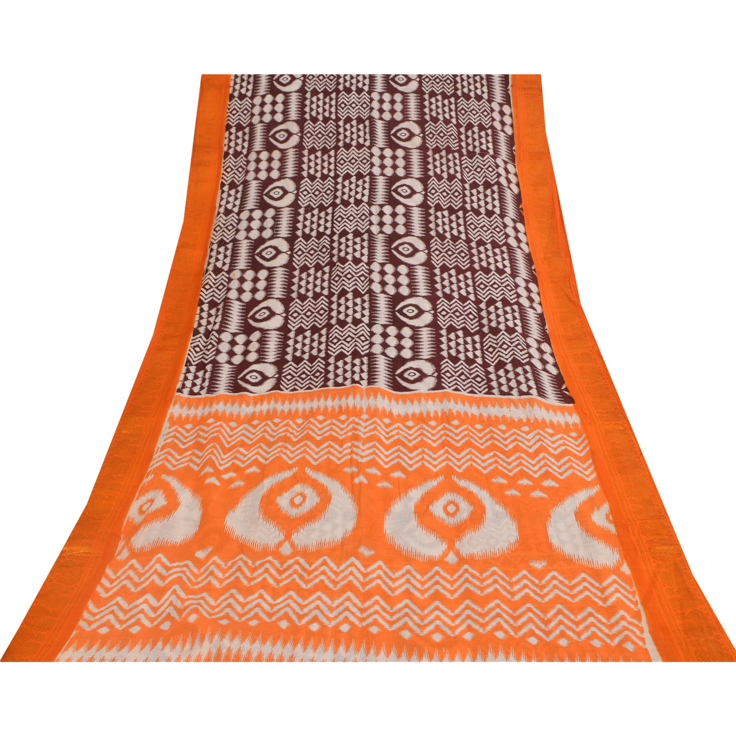 Sanskriti Vintage Sarees Brown & Orange Pure Cotton Ikat Print Sari 5+yd Sustainable Fabric
