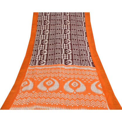 Sanskriti Vintage Sarees Brown & Orange Pure Cotton Ikat Print Sari 5+yd Sustainable Fabric