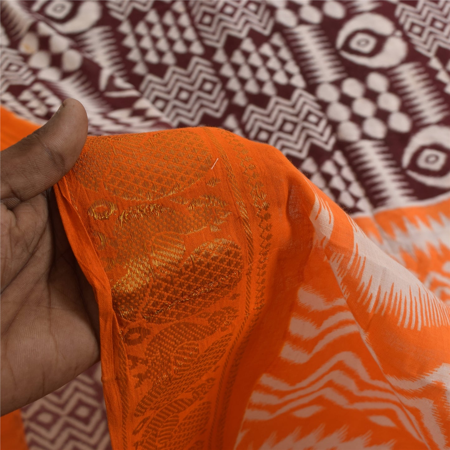 Sanskriti Vintage Sarees Brown & Orange Pure Cotton Ikat Print Sari 5+yd Sustainable Fabric