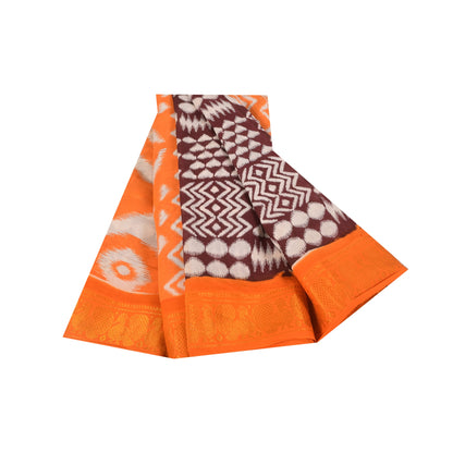 Sanskriti Vintage Sarees Brown & Orange Pure Cotton Ikat Print Sari 5+yd Sustainable Fabric