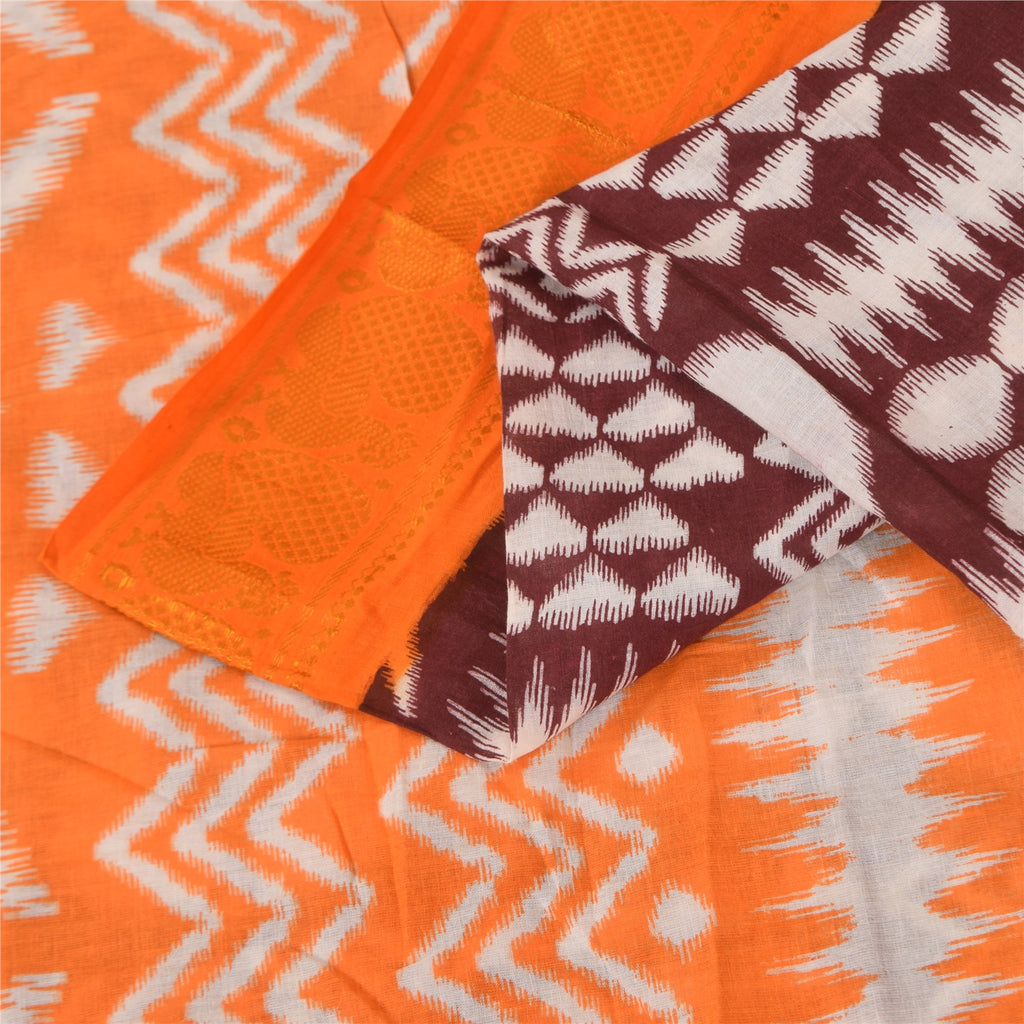 Sanskriti Vintage Sarees Brown & Orange Pure Cotton Ikat Print Sari 5+yd Sustainable Fabric