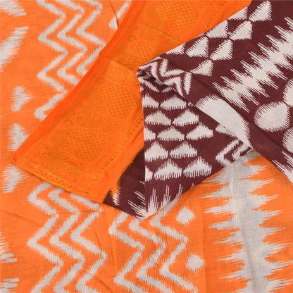 Sanskriti Vintage Sarees Brown & Orange Pure Cotton Ikat Print Sari 5+yd Sustainable Fabric