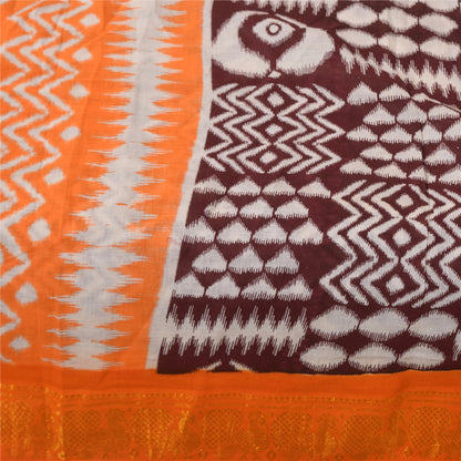 Sanskriti Vintage Sarees Brown & Orange Pure Cotton Ikat Print Sari 5+yd Sustainable Fabric