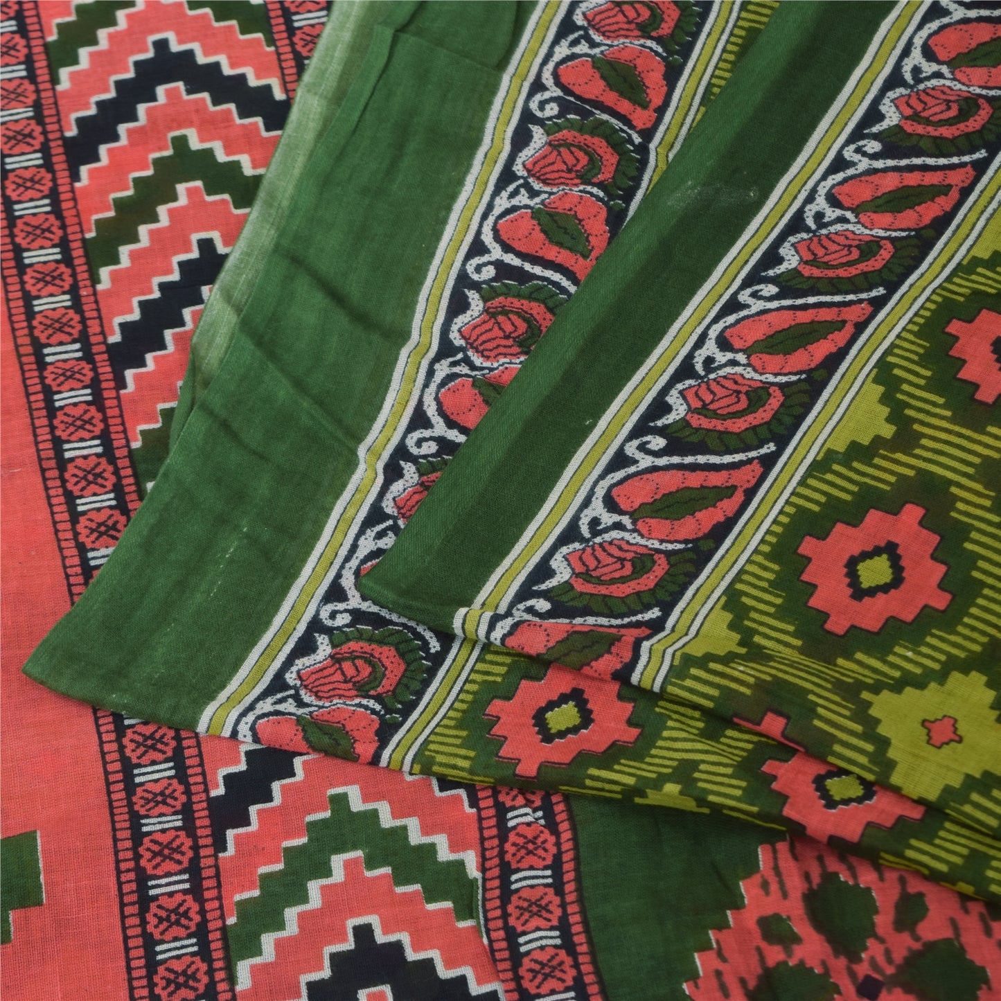 Sanskriti Vintage Sarees Indian Green Pure Cotton Printed Sari 5+yd Craft Sustainable Fabric