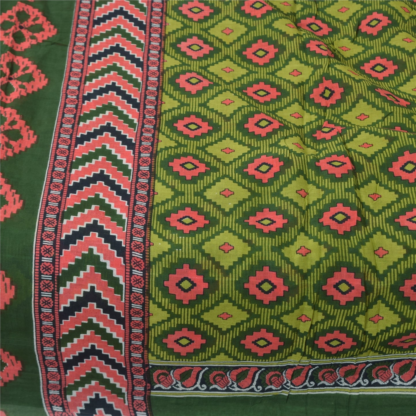 Sanskriti Vintage Sarees Indian Green Pure Cotton Printed Sari 5+yd Craft Sustainable Fabric