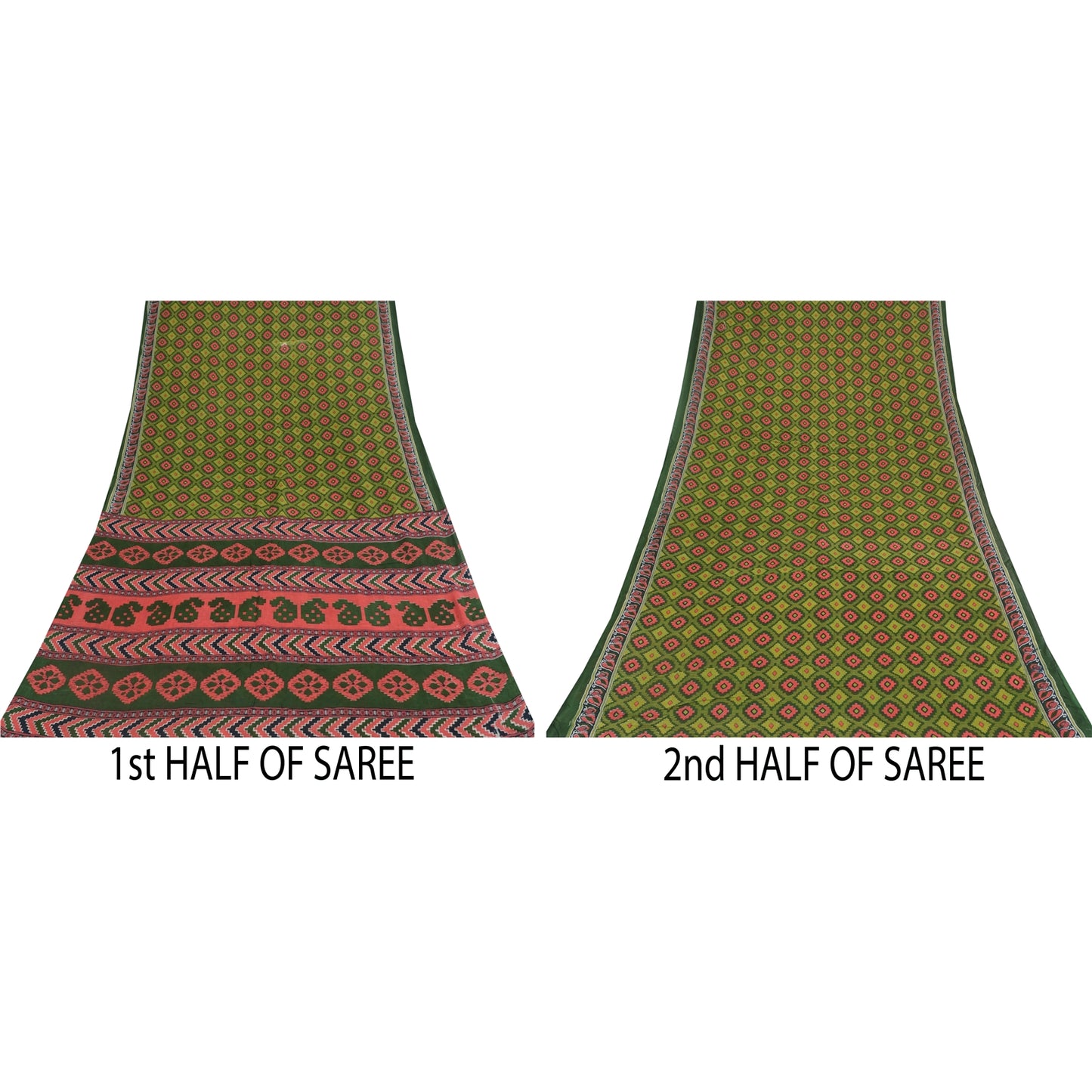 Sanskriti Vintage Sarees Indian Green Pure Cotton Printed Sari 5+yd Craft Sustainable Fabric