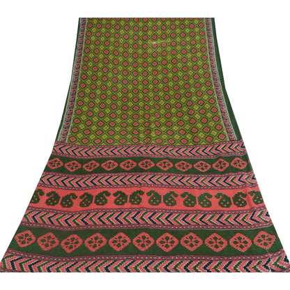 Sanskriti Vintage Sarees Indian Green Pure Cotton Printed Sari 5+yd Craft Sustainable Fabric
