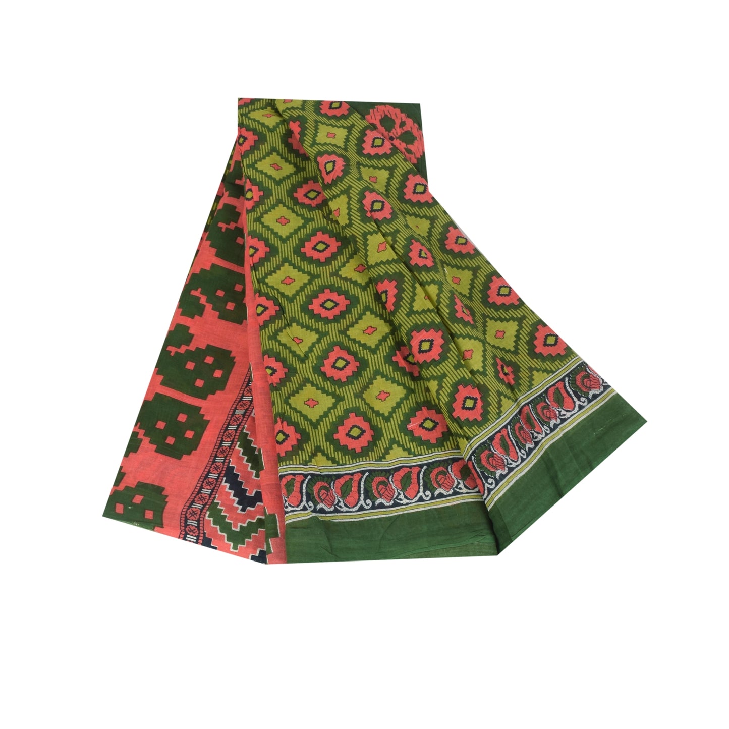 Sanskriti Vintage Sarees Indian Green Pure Cotton Printed Sari 5+yd Craft Sustainable Fabric