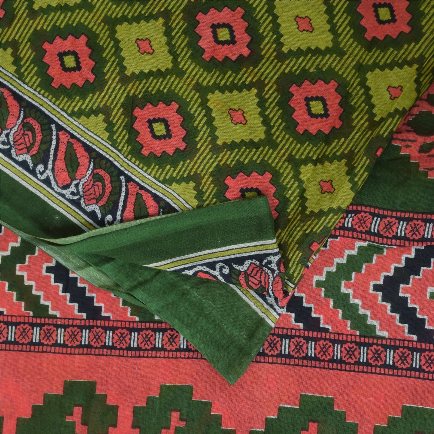 Sanskriti Vintage Sarees Indian Green Pure Cotton Printed Sari 5+yd Craft Sustainable Fabric
