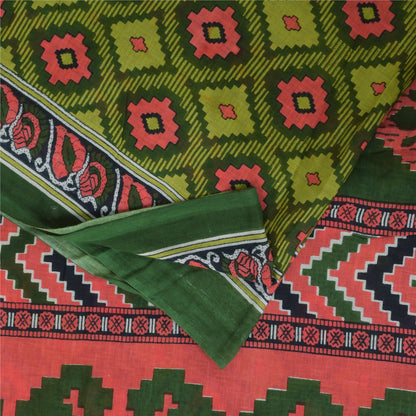 Sanskriti Vintage Sarees Indian Green Pure Cotton Printed Sari 5+yd Craft Sustainable Fabric