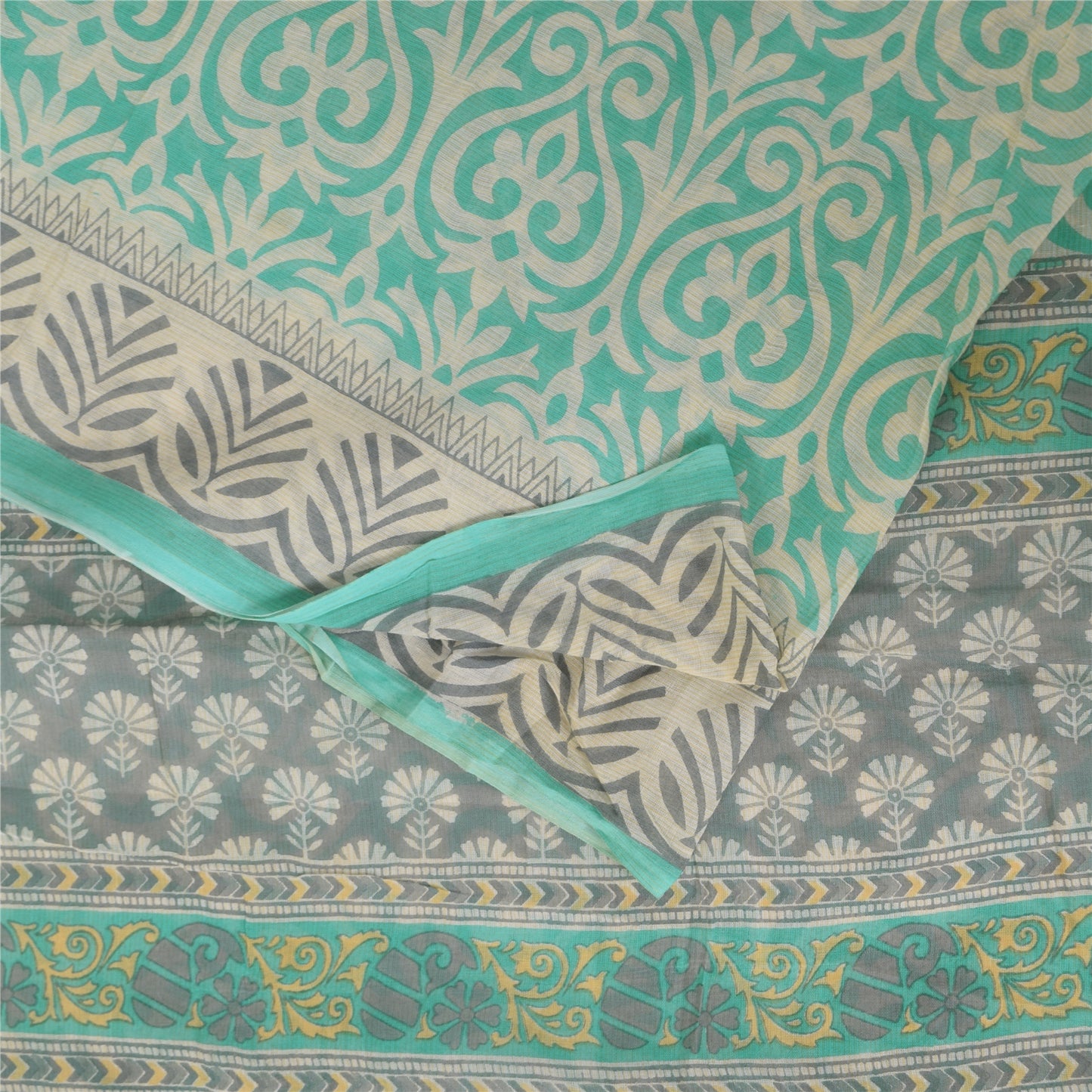 Sanskriti Vintage Sarees Sea-Green Pure Cotton Printed Sari 5+yd Craft Sustainable Fabric