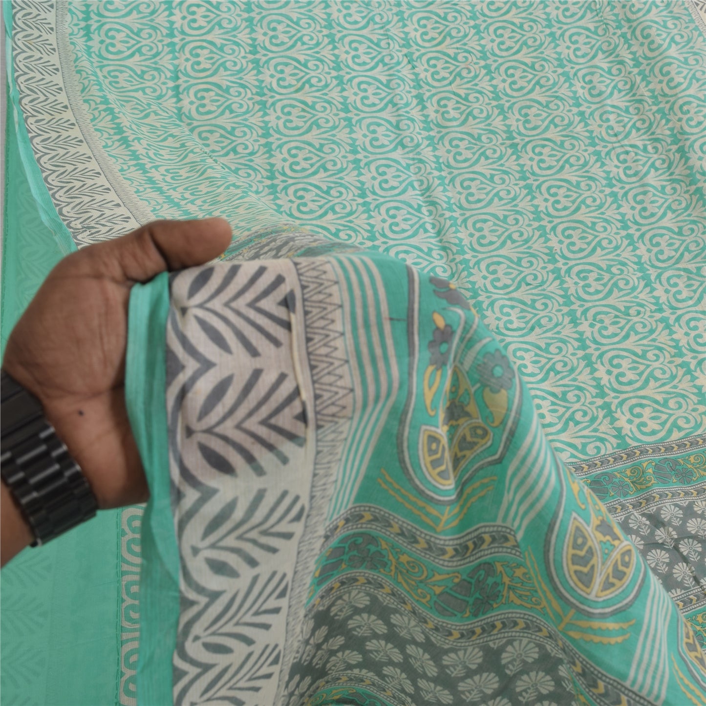 Sanskriti Vintage Sarees Sea-Green Pure Cotton Printed Sari 5+yd Craft Sustainable Fabric