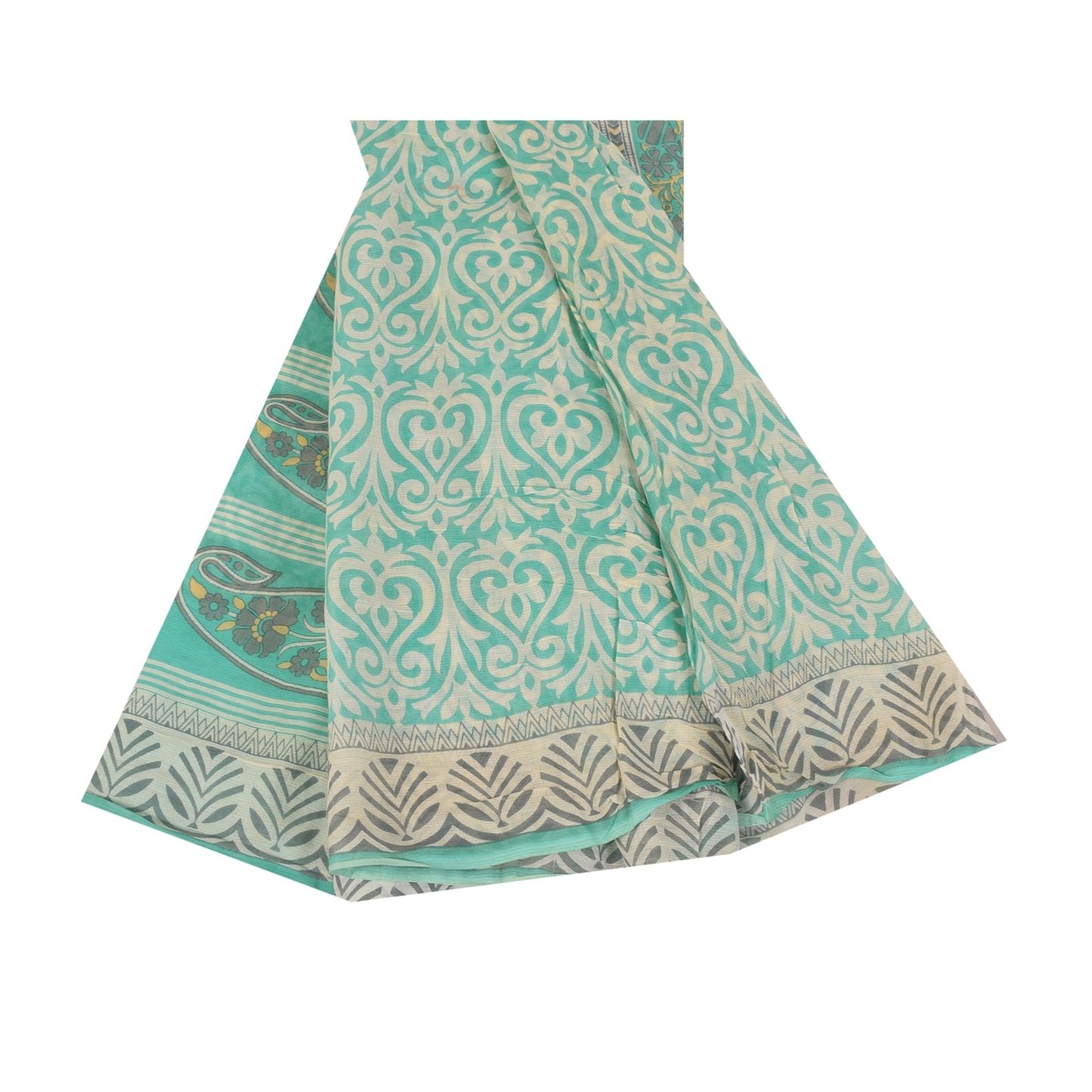 Sanskriti Vintage Sarees Sea-Green Pure Cotton Printed Sari 5+yd Craft Sustainable Fabric