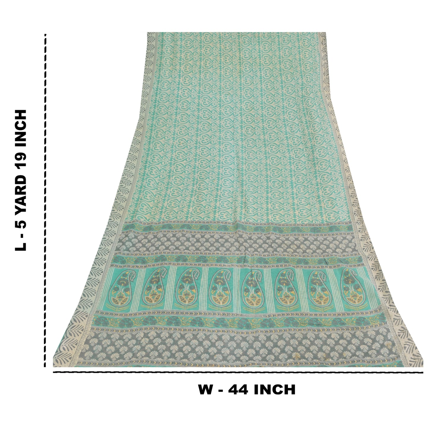 Sanskriti Vintage Sarees Sea-Green Pure Cotton Printed Sari 5+yd Craft Sustainable Fabric