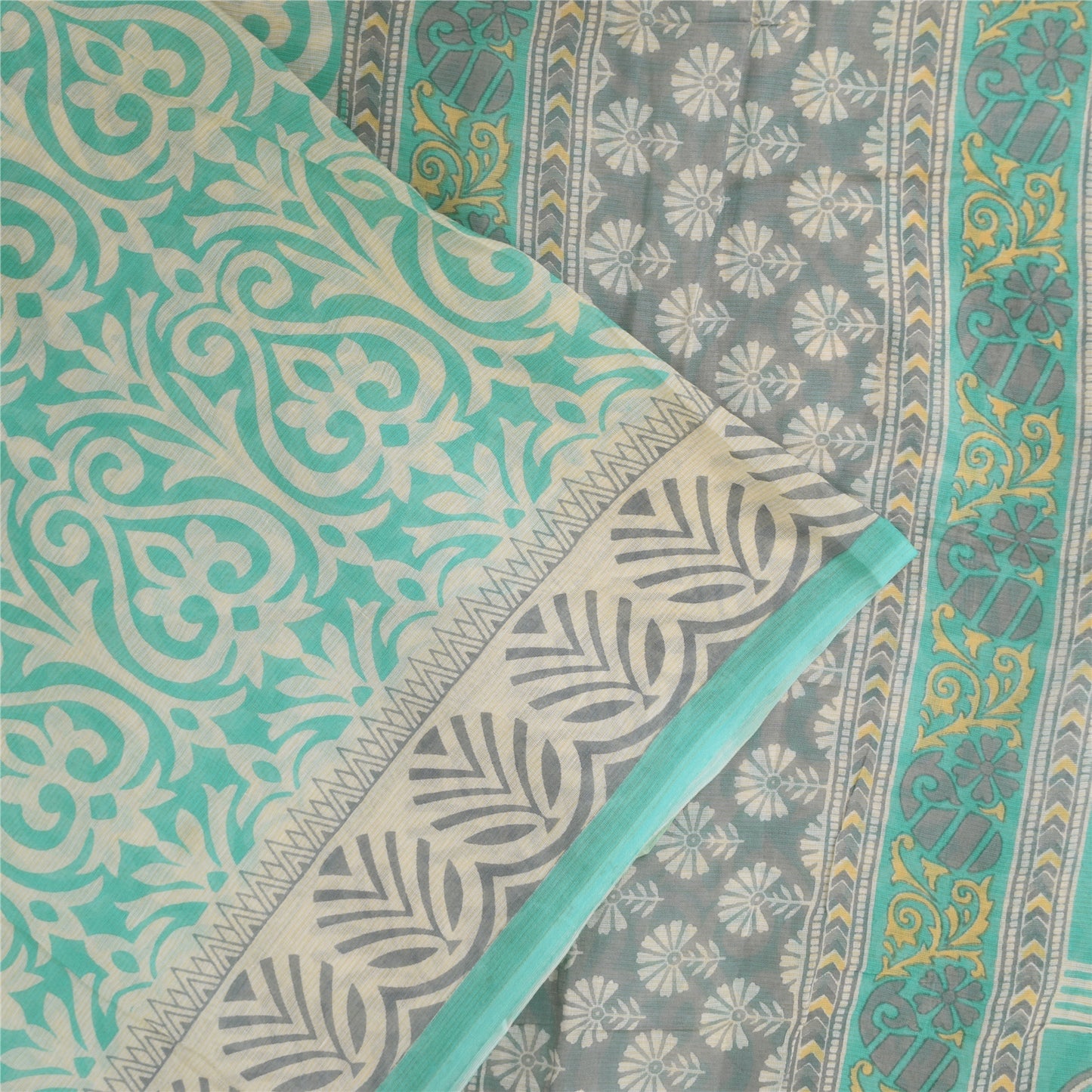 Sanskriti Vintage Sarees Sea-Green Pure Cotton Printed Sari 5+yd Craft Sustainable Fabric