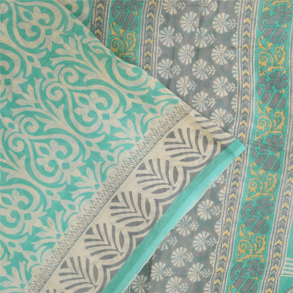 Sanskriti Vintage Sarees Sea-Green Pure Cotton Printed Sari 5+yd Craft Sustainable Fabric