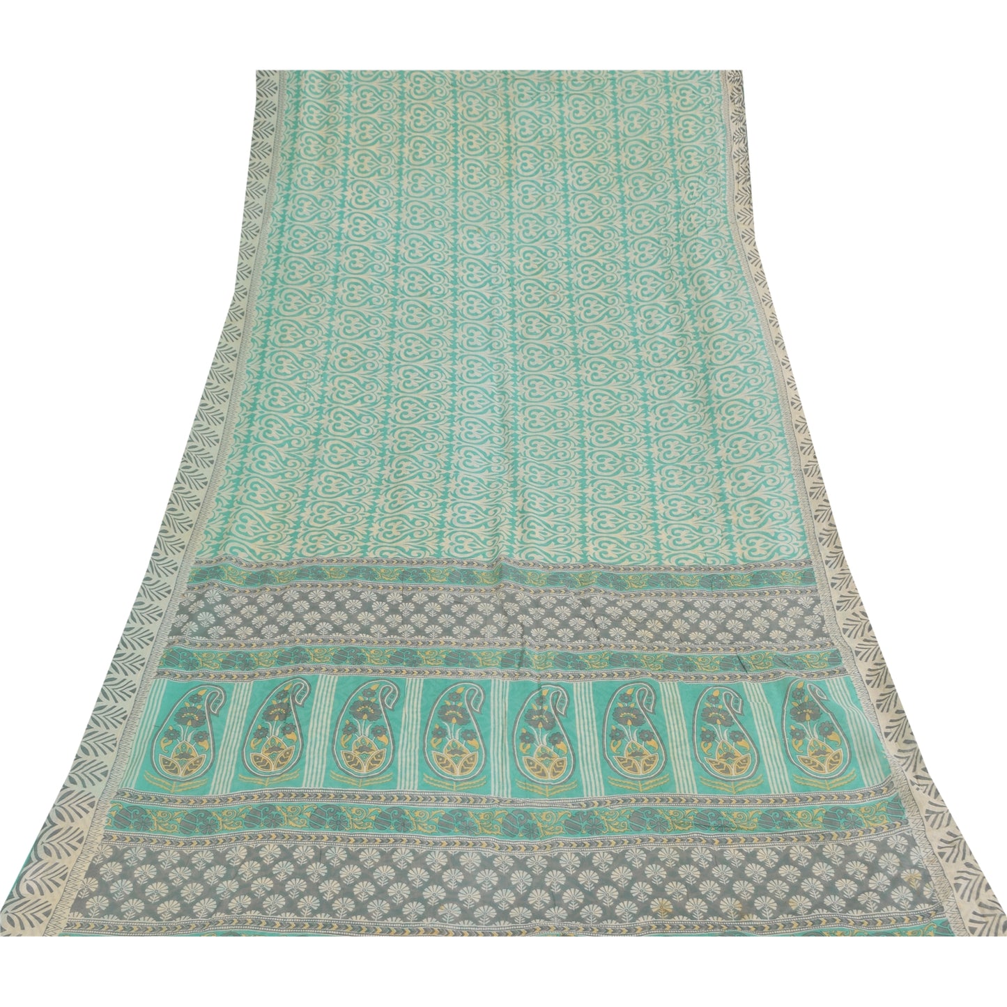 Sanskriti Vintage Sarees Sea-Green Pure Cotton Printed Sari 5+yd Craft Sustainable Fabric