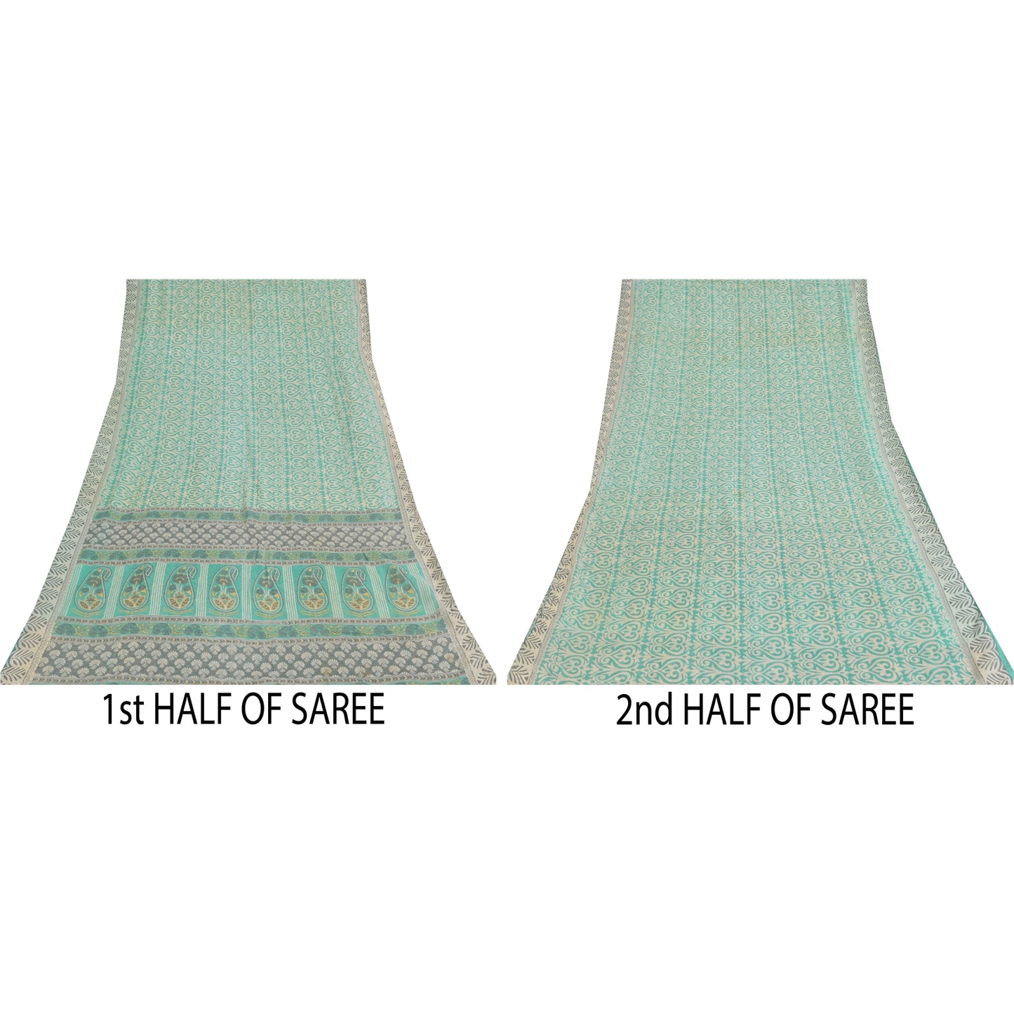 Sanskriti Vintage Sarees Sea-Green Pure Cotton Printed Sari 5+yd Craft Sustainable Fabric
