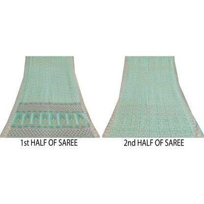 Sanskriti Vintage Sarees Sea-Green Pure Cotton Printed Sari 5+yd Craft Sustainable Fabric