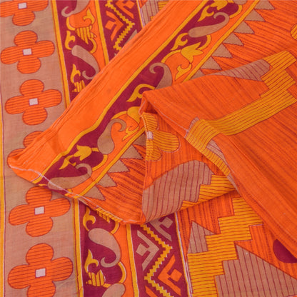 Sanskriti Vintage Sarees Indian Orange Pure Cotton Print Sari 5+yd Craft Sustainable Fabric