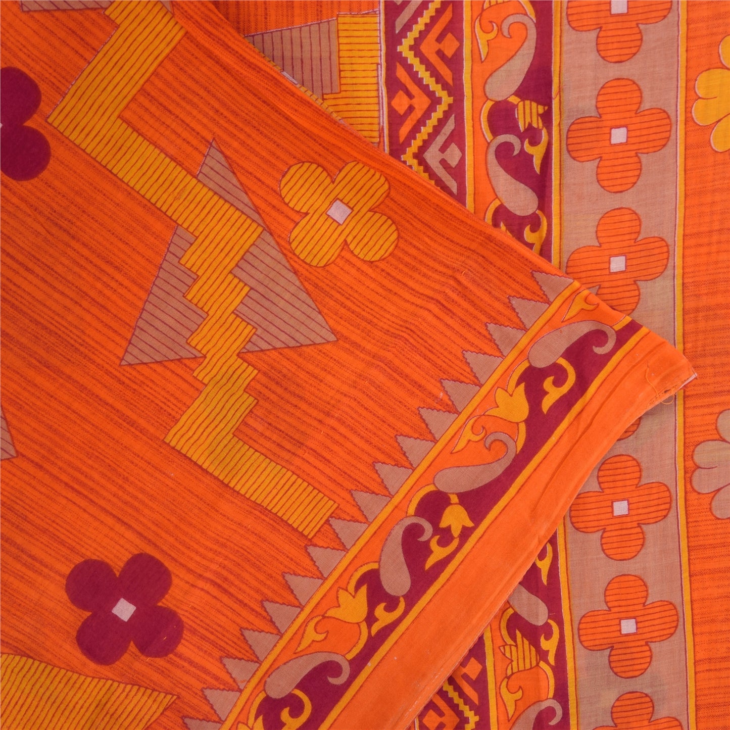 Sanskriti Vintage Sarees Indian Orange Pure Cotton Print Sari 5+yd Craft Sustainable Fabric