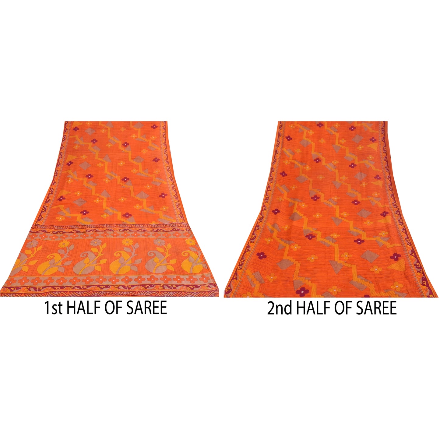 Sanskriti Vintage Sarees Indian Orange Pure Cotton Print Sari 5+yd Craft Sustainable Fabric