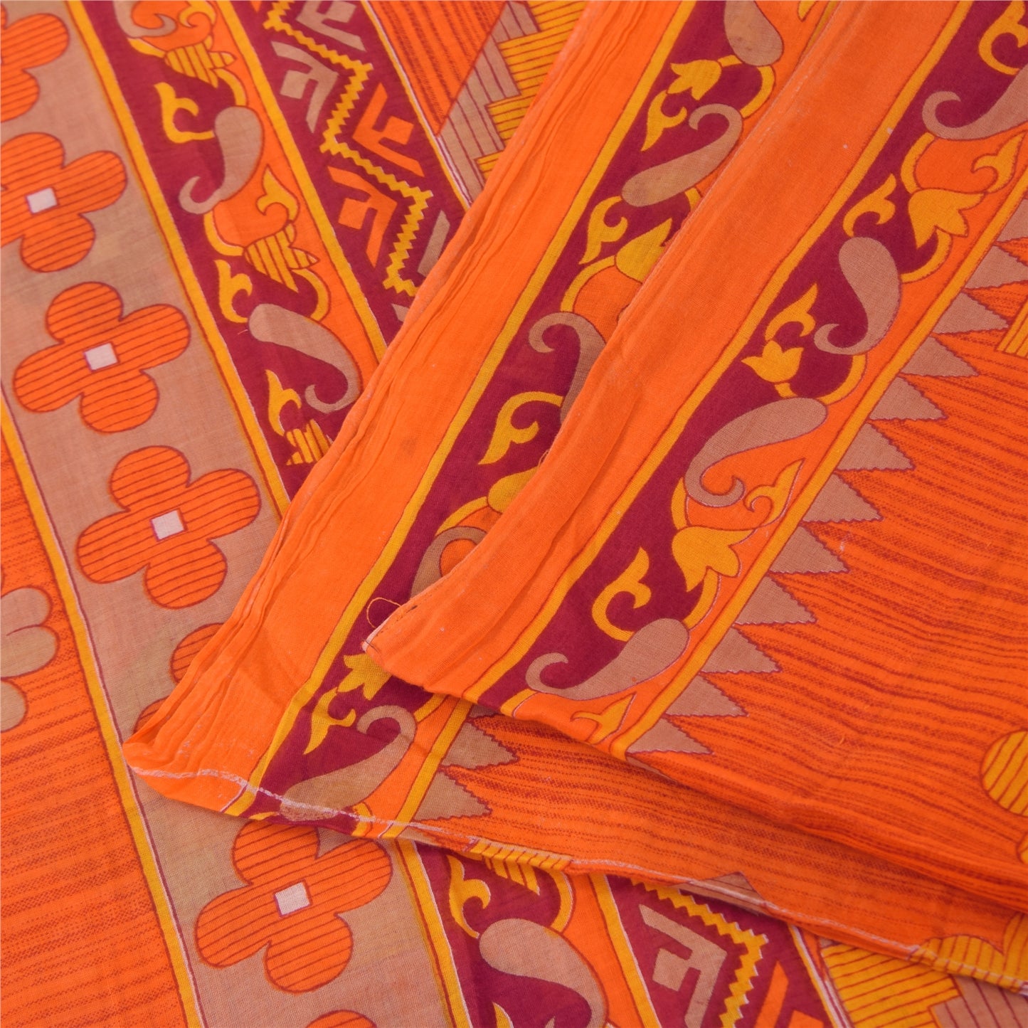 Sanskriti Vintage Sarees Indian Orange Pure Cotton Print Sari 5+yd Craft Sustainable Fabric