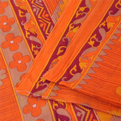 Sanskriti Vintage Sarees Indian Orange Pure Cotton Print Sari 5+yd Craft Sustainable Fabric