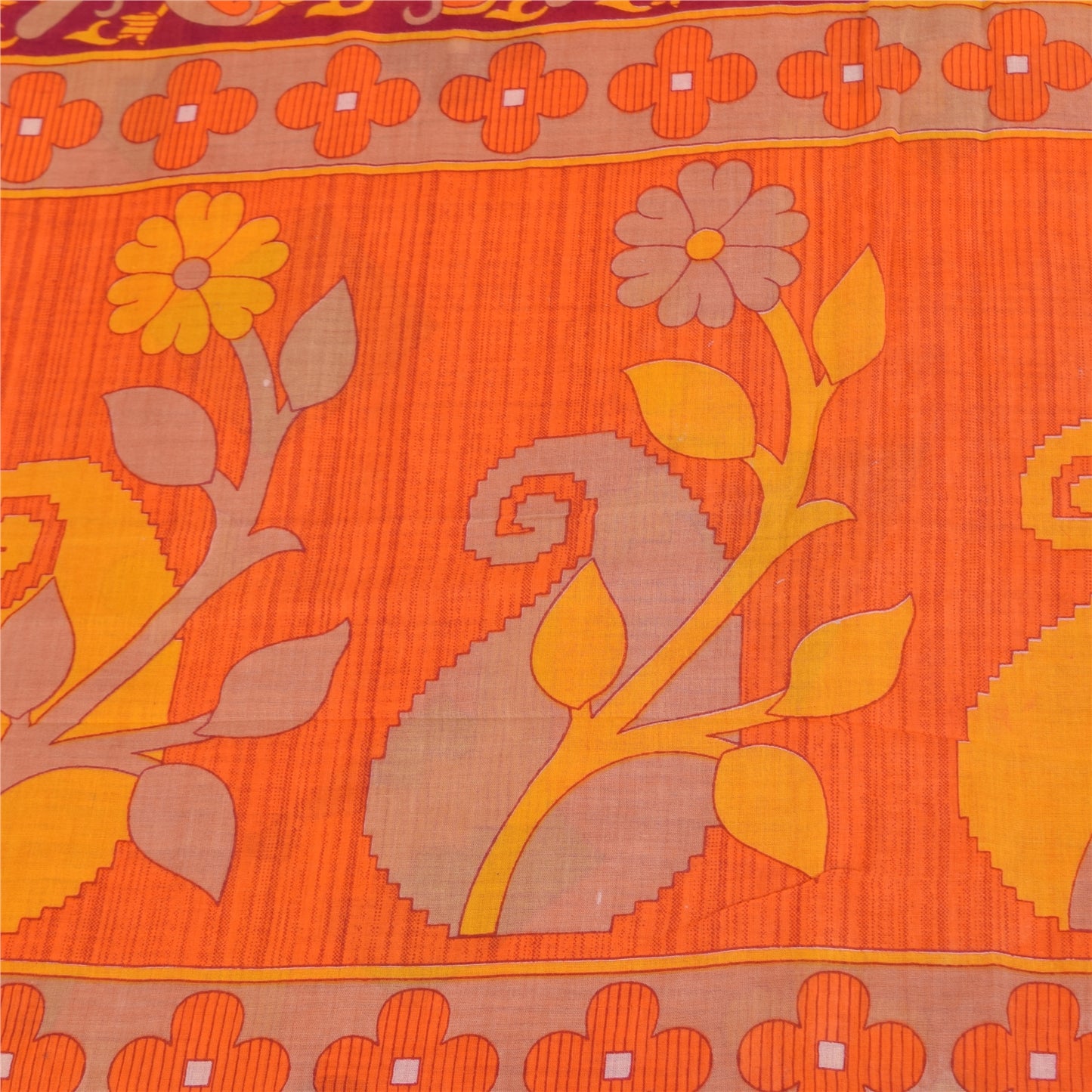 Sanskriti Vintage Sarees Indian Orange Pure Cotton Print Sari 5+yd Craft Sustainable Fabric