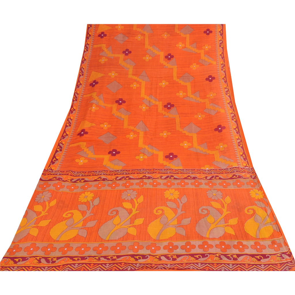 Sanskriti Vintage Sarees Indian Orange Pure Cotton Print Sari 5+yd Craft Sustainable Fabric