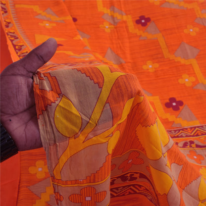 Sanskriti Vintage Sarees Indian Orange Pure Cotton Print Sari 5+yd Craft Sustainable Fabric