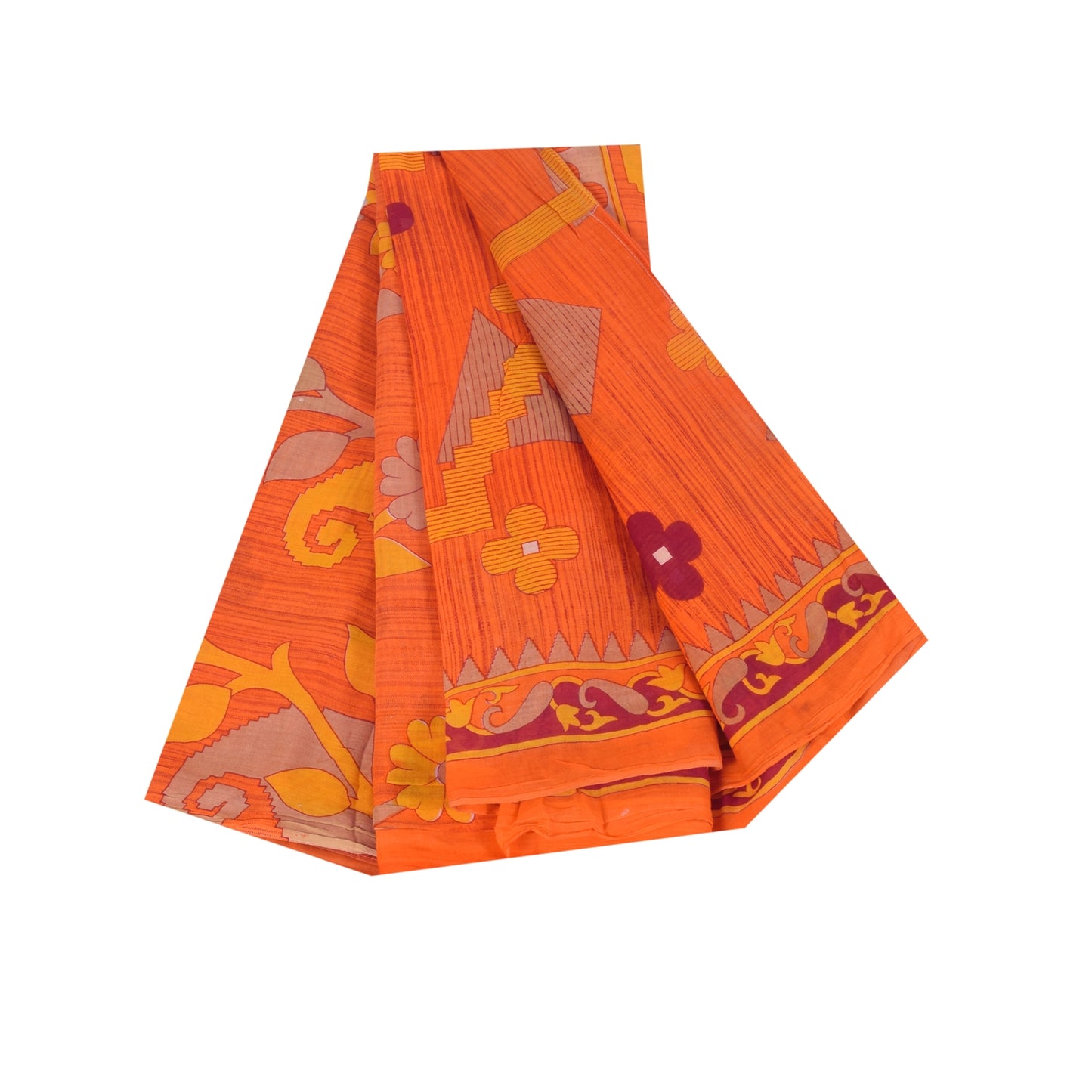Sanskriti Vintage Sarees Indian Orange Pure Cotton Print Sari 5+yd Craft Sustainable Fabric