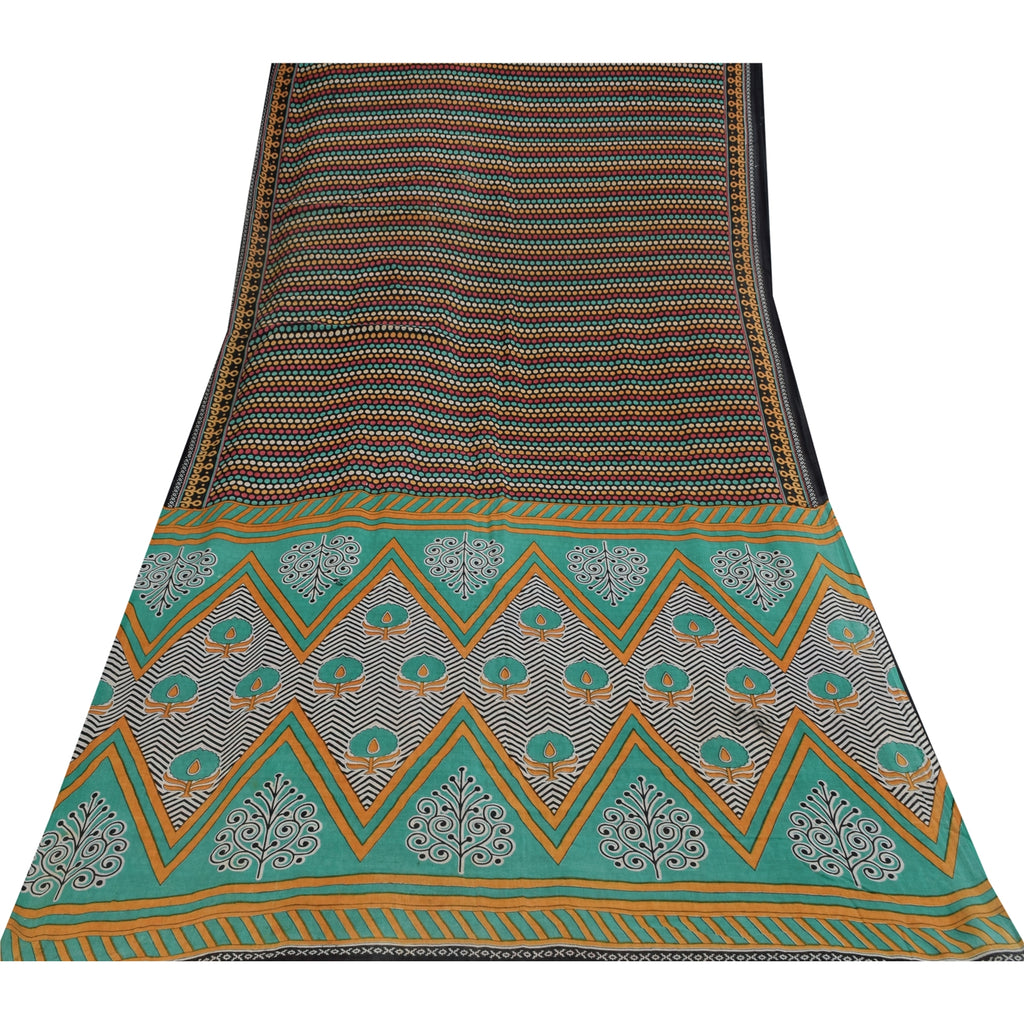 Sanskriti Vintage Sarees Indian Black Pure Cotton Printed Sari 5+yd Craft Sustainable Fabric