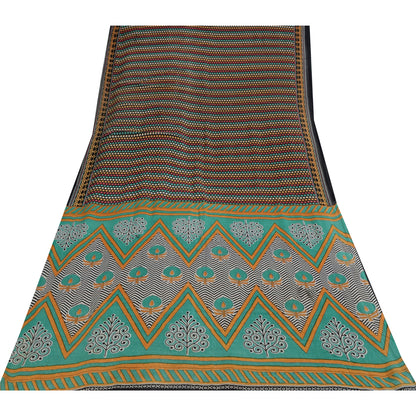Sanskriti Vintage Sarees Indian Black Pure Cotton Printed Sari 5+yd Craft Sustainable Fabric
