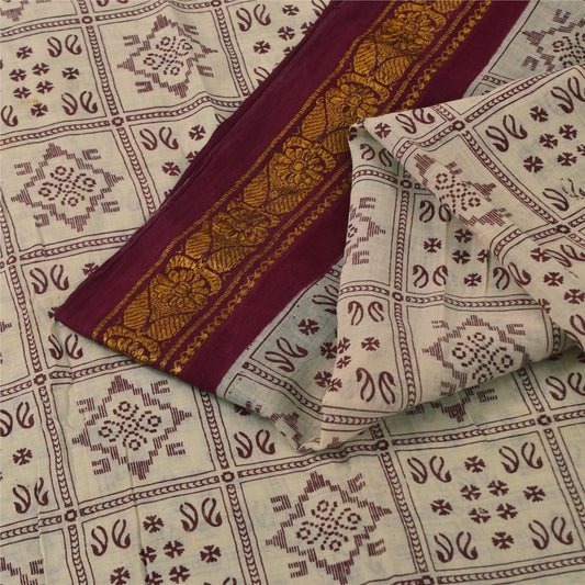 Сари Sanskriti Vintage Sarees Ivory Zari Border Pure Cotton Printed Sari 5+yd Sustainable Fabric