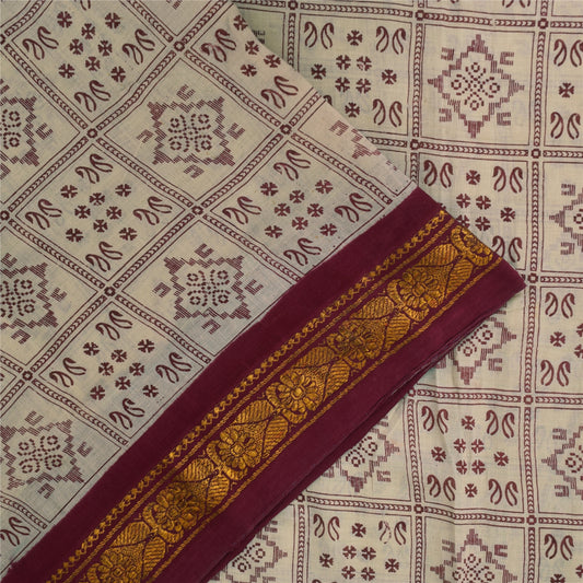 Сари Sanskriti Vintage Sarees Ivory Zari Border Pure Cotton Printed Sari 5+yd Sustainable Fabric