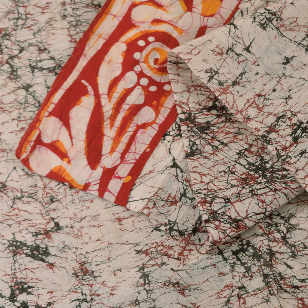 Sanskriti Vintage Sarees Ivory Batik Work Pure Cotton Sari 5+yd Craft Sustainable Fabric