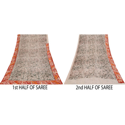 Sanskriti Vintage Sarees Ivory Batik Work Pure Cotton Sari 5+yd Craft Sustainable Fabric