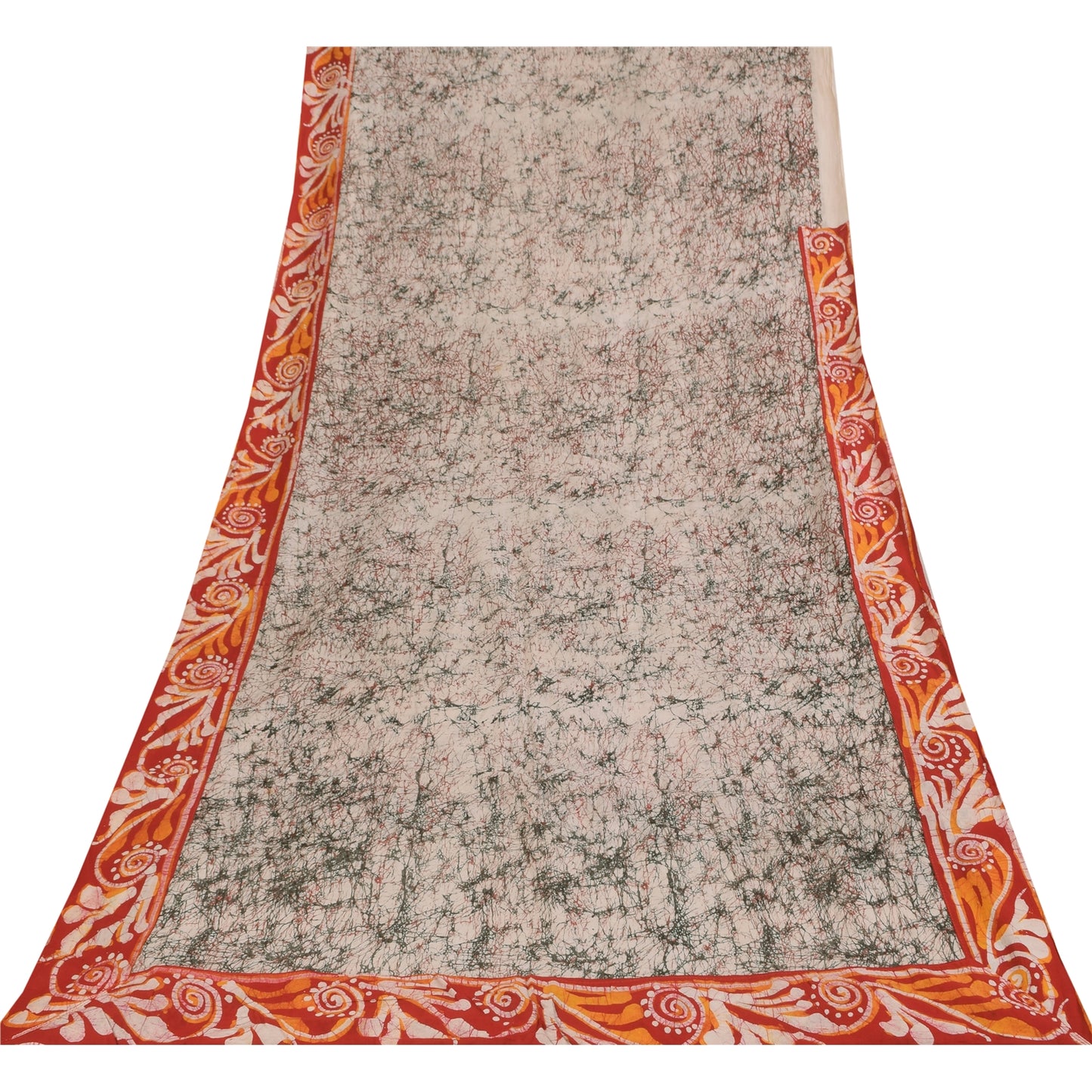 Sanskriti Vintage Sarees Ivory Batik Work Pure Cotton Sari 5+yd Craft Sustainable Fabric