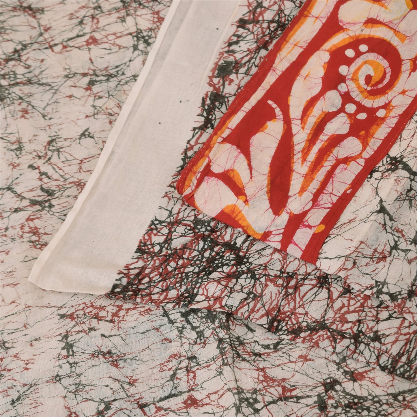 Sanskriti Vintage Sarees Ivory Batik Work Pure Cotton Sari 5+yd Craft Sustainable Fabric