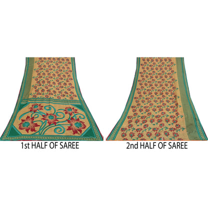 Sanskriti Vintage Sarees Indian Peach Pure Cotton Printed Sari 5+yd Craft Sustainable Fabric