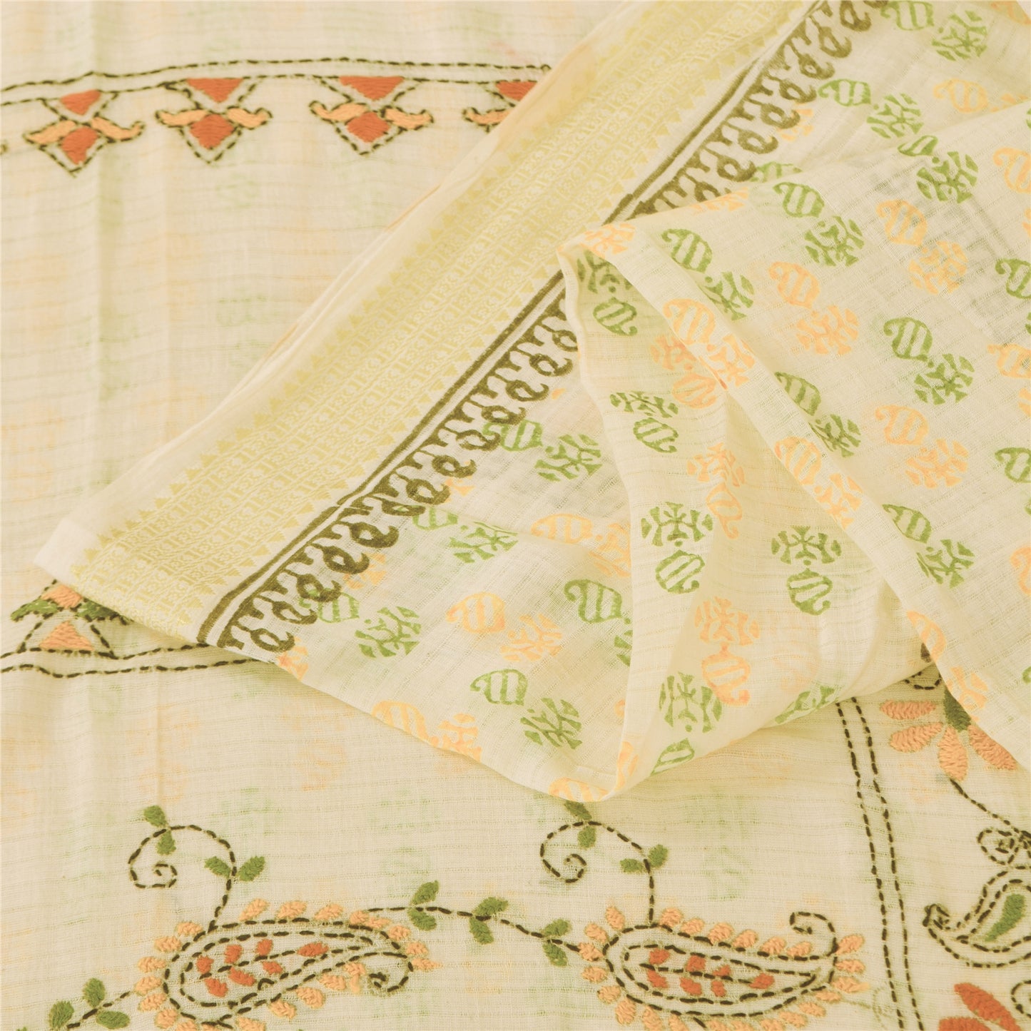 Санскритские винтажные сари, вышитые вручную и вручную блокированные, ткань для сари из чистого хлопка, устойчивая ткань