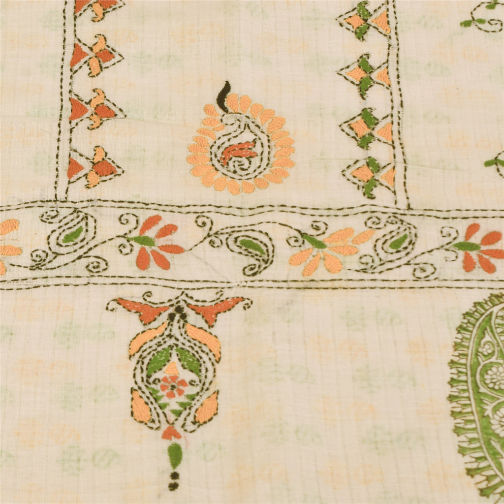 Sanskriti Vintage Sarees Hand Embroidered Kantha & Hand Block Pure Cotton SariFabric