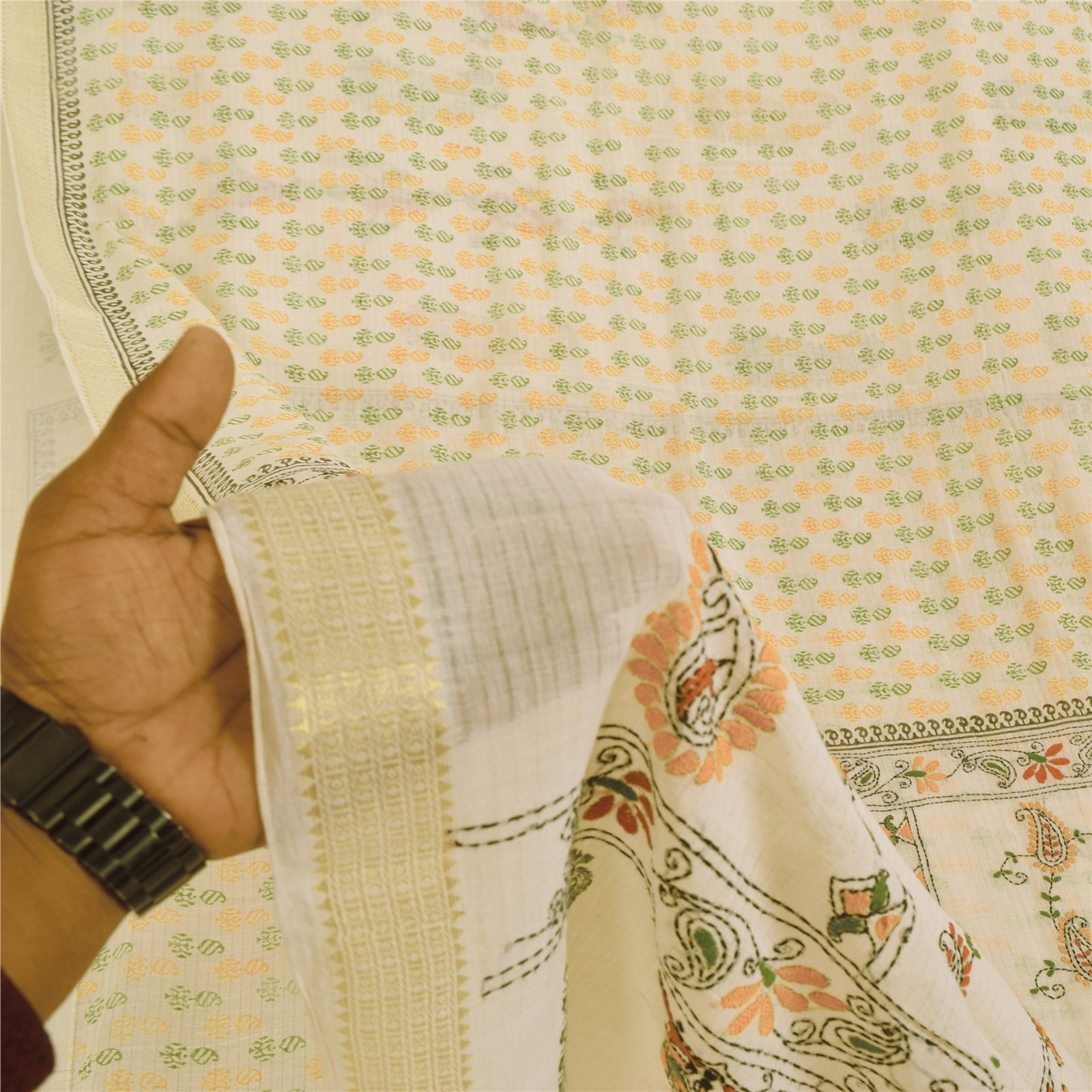 Sanskriti Vintage Sarees Hand Embroidered Kantha & Hand Block Pure Cotton SariFabric