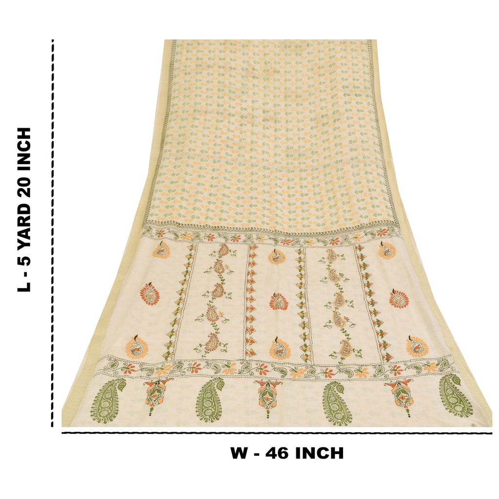 Sanskriti Vintage Sarees Hand Embroidered Kantha & Hand Block Pure Cotton SariFabric